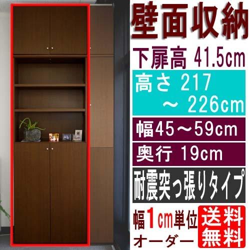 薄型壁面コミック本棚 整理棚 高さ２１７〜２２６ｃｍ幅４５〜５９ｃｍ奥行１９ｃｍ 下扉高さ41.5cm