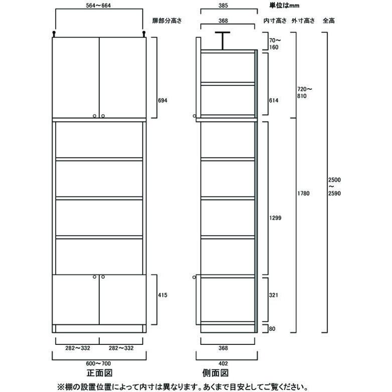 奥深低扉付本棚 収納家具 高さ２５０〜２５９ｃｍ幅６０〜７０ｃｍ奥行４０ｃｍ厚棚板（棚板厚2.5cm） 下扉高さ41.5cmの画像
