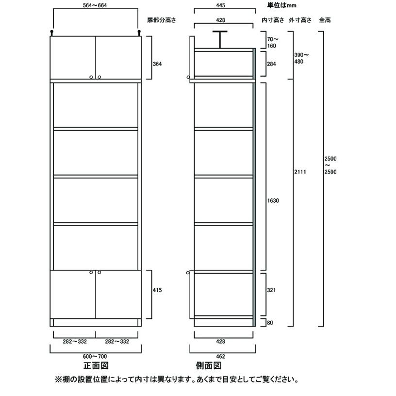 大型書庫 壁収納 高さ２５０．１〜２５９．１ｃｍ幅６０〜７０ｃｍ奥行４６ｃｍ厚棚板(棚板厚2.5cm) 下扉高さ41.5cmの画像