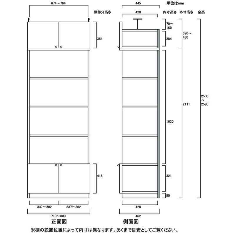 大型書庫 本棚 高さ２５０．１〜２５９．１ｃｍ幅７１〜８０ｃｍ奥行４６ｃｍ厚棚板(棚板厚2.5cm) 下扉高さ41.5cmの画像