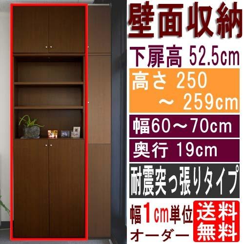 薄型壁面文庫本棚 収納家具 高さ２５０〜２５９ｃｍ幅６０〜７０ｃｍ奥行１９ｃｍ厚棚板（棚板厚2.5cm） 下扉高さ52.5cm