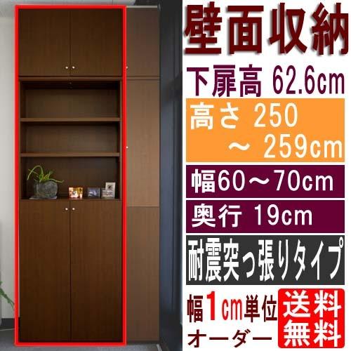 薄型壁面CD棚 整理棚 高さ２５０〜２５９ｃｍ幅６０〜７０ｃｍ奥行１９ｃｍ厚棚板（棚板厚2.5cm） 下扉高さ62.6cm