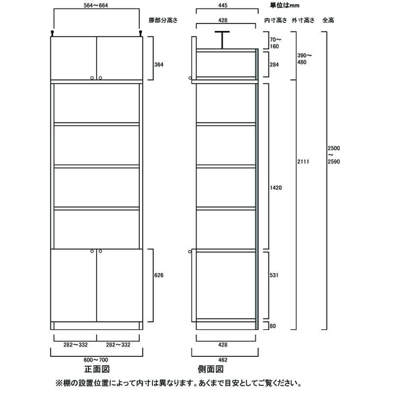 大型リビング壁収納 本棚 高さ２５０．１〜２５９．１ｃｍ幅６０〜７０ｃｍ奥行４６ｃｍ厚棚板(棚板厚2.5cm) 下扉高さ62.6cm｜wing1｜03