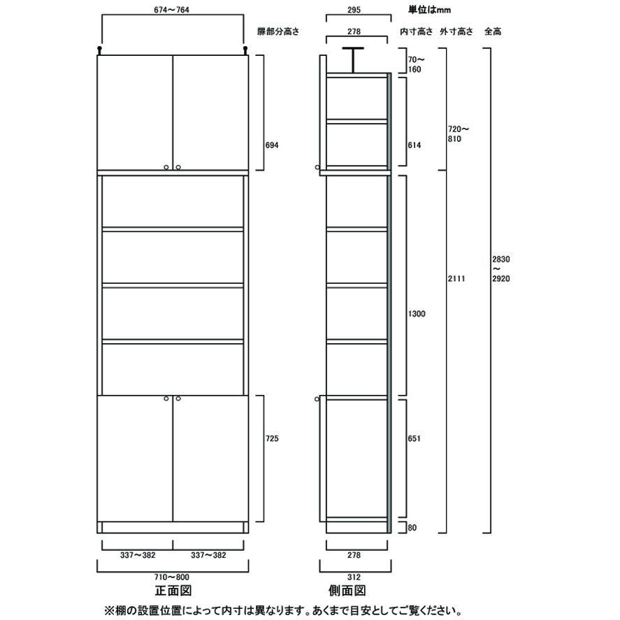 大容量壁面書庫 書棚 高さ２８３．１〜２９２．１ｃｍ幅７１〜８０ｃｍ奥行３１ｃｍ厚棚板(棚板厚2.5cm) 下扉高さ72.5cmの画像