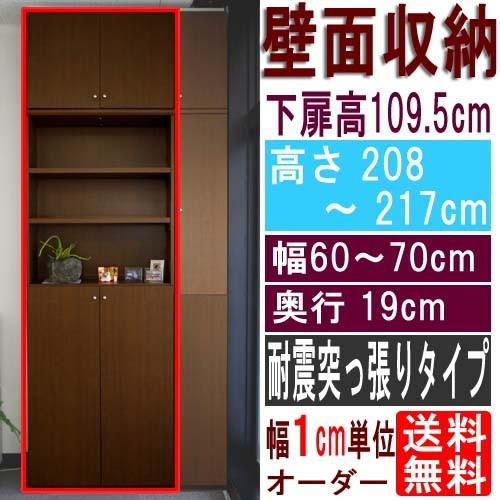 薄型壁面押し込み 細長い切口納める 高さ２０８〜２１７ｃｍ幅６０〜７０ｃｍ奥ふかさ１９ｃｍ厚棚板（棚板厚2.5珊） 下扉高さ109.5珊 家具、インテリア-カラー、キューブボックス-ラック、シェルフ、本棚