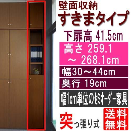 扉付すきま壁収納 壁収納 高さ２５９．１〜２６８．１ｃｍ幅３０〜４４ｃｍ奥行１９ｃｍ厚棚板(棚板厚2.5cm) 下扉高さ41.5cm