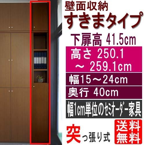 扉付壁面唐鋤ま納める つっぱり棚 高さ２５０．１〜２５９．１ｃｍ幅１５〜２４ｃｍ奥ふかさ４０ｃｍ厚棚板(棚板厚2.5糎) 下扉高さ41.5糎