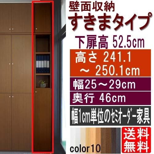 天井つっぱり隙間収納 本棚 高さ２４１．１〜２５０．１ｃｍ幅２５〜２９ｃｍ奥行４６ｃｍ厚棚板(棚板厚2.5cm) 下扉高さ52.5cm