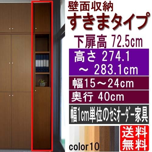 扉付壁面すきま収納 収納棚 高さ２７４．１〜２８３．１ｃｍ幅１５〜２４ｃｍ奥行４０ｃｍ厚棚板(棚板厚2.5cm) 下扉高さ72.5cm