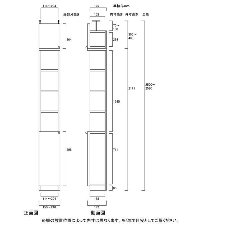 扉付壁面すきま収納 壁収納 高さ２５０．１〜２５９．１ｃｍ幅１５〜２４ｃｍ奥行１９ｃｍ厚棚板(棚板厚2.5cm) 下扉高さ80.8cmの画像