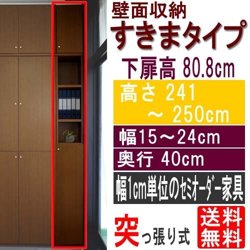 隙間つっぱり壁面収納 本棚 高さ２４１〜２５０ｃｍ幅１５〜２４ｃｍ奥行４０ｃｍ 下扉高さ80.8cm