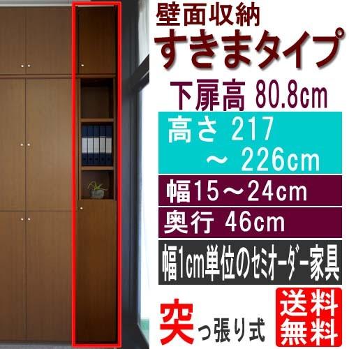 隙間つっぱり壁面収納 書棚 高さ２１７〜２２６ｃｍ幅１５〜２４ｃｍ奥行４６ｃｍ 下扉高さ80.8cm