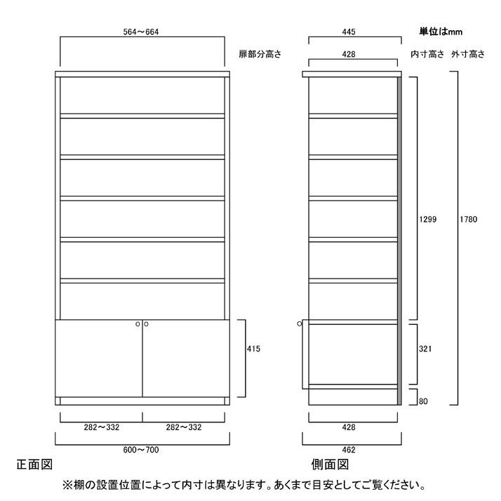 下部扉 オフィス書庫 高さ１７８ｃｍ幅６０〜７０ｃｍ奥行４６ｃｍ厚棚板（棚板厚み2.5cm） 下扉高さ41.5cm 教科書棚 客室の画像