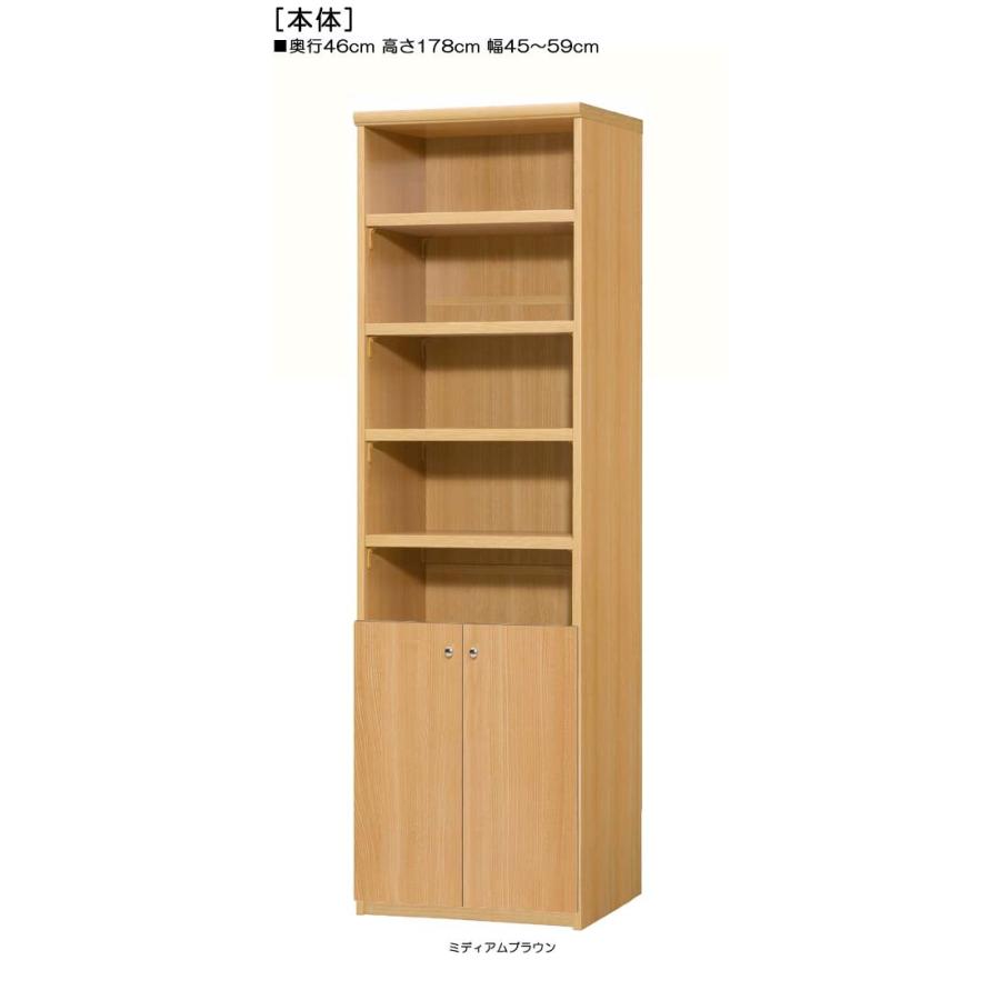 召し使い扉 事務室書庫 高さ１７８ｃｍ幅４５〜５９ｃｍ奥ふかさ４６ｃｍ厚棚板（棚板奥ふかさ2.5珊） 下扉高さ62.6珊 A4整理保存用具書物棚 納戸 オフィス収納-オフィス家具