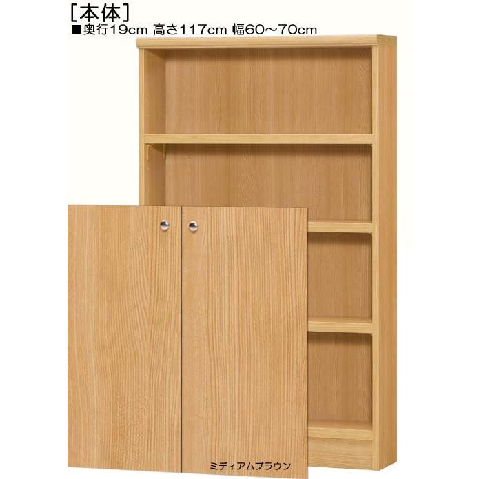 下部扉 オーダー本棚 高さ１１７ｃｍ幅６０〜７０ｃｍ奥行１９ｃｍ厚棚板（棚板厚み2.5cm） 下扉高さ72.5cm オーディオ収納 勉強部屋の画像
