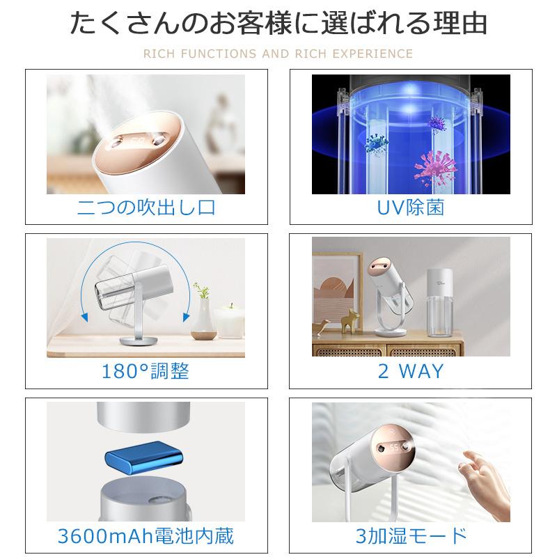 加湿器 充電式 ミニ加湿器 小型 加湿空気清浄機 卓上加湿器 おしゃれ ダブルノズル 静音 除菌 空気清浄 アロマ対応 UV除菌 保湿 角度調整 大容量 超音波加湿器｜wingchokuei｜04