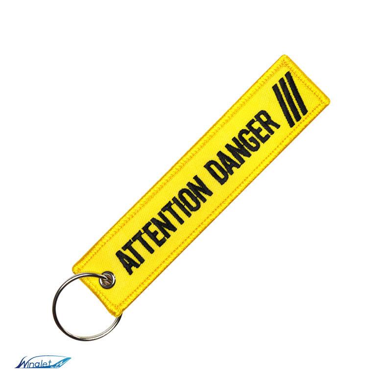 ATTENTION DANGER キーチェーン カラー イエロー 1個 刺繍 フライト
