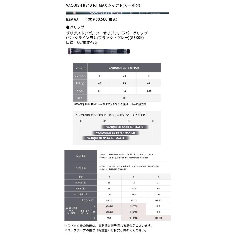 ブリヂストンゴルフ B3MAX フェアウェイウッド VANQUISH BS40 for MAX シャフト(カーボン) 2024年モデル BRIDGESTONE GOLF ヴァンキッシュ FWの画像
