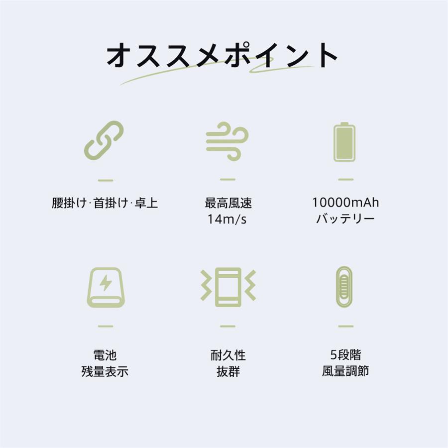 扇風機 腰掛け扇風機 卓上 10000mAh 5段階風量調節 首掛け Max45時間連続使用 携帯便利 大風量 静音 USB充電 ハンディファン 爆買 【期間限定＆2点10％OFF】 |  | 04