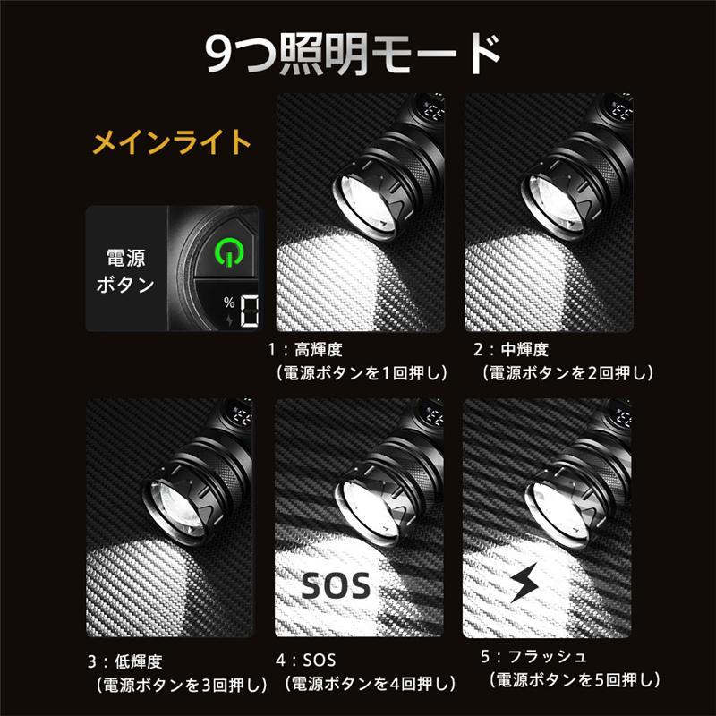 懐中電灯 LEDライト 8000ルーメン ハンディライト 9つモード USB充電式