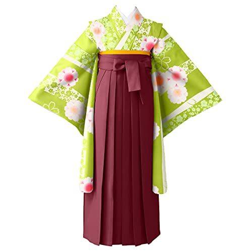 激安 即納 京のみやび ジュニア女の子着物袴セット 着物 袴 袴下帯 襦袢4点セット ヒワ 桜 エンジ 袴紐下丈80cm 値下げ