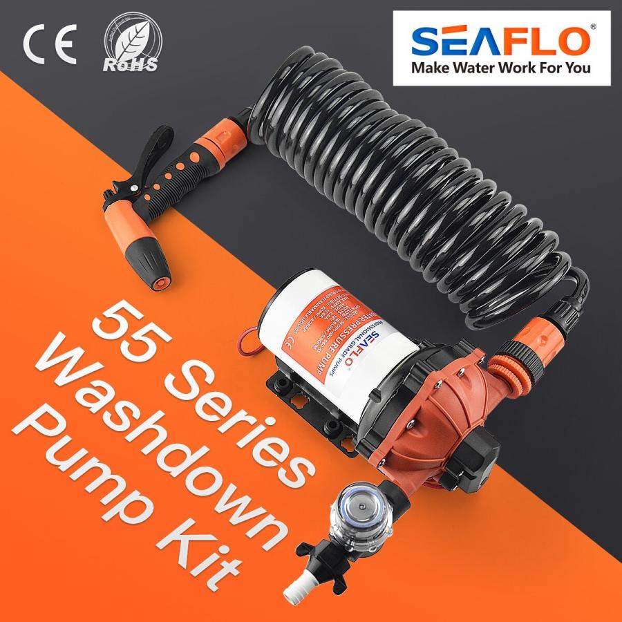 Seafl55シリーズダイアフラムウォーターポンプウォッシュダウンキット6.5 gpm 60psi 12v100mコイルホースオンボ