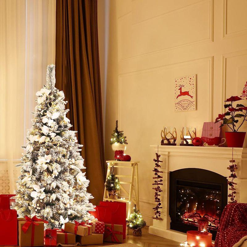 Goplus　5フィート　人工ホワイトクリスマスツリー、プリライトスノーフロックペンシルクリスマスツリー　339チップ付き　LEDライト18