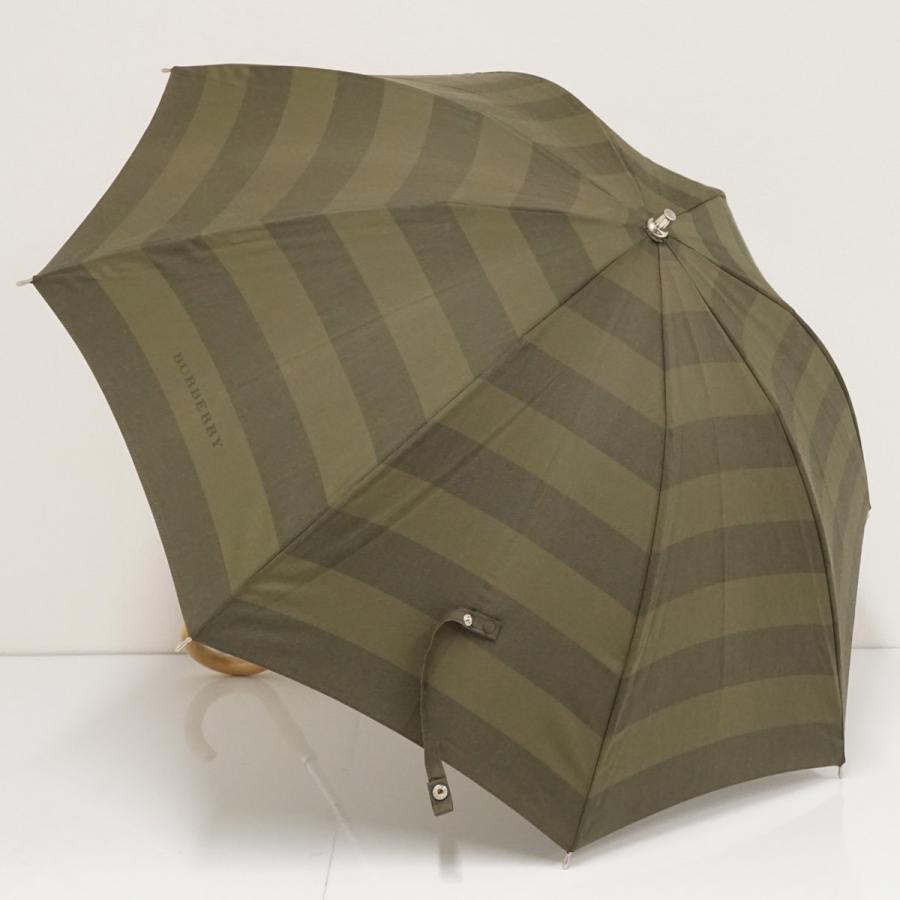 日傘 BURBERRY バーバリー USED美品 カーキ ボーダー ロゴ 木製手元 UV 