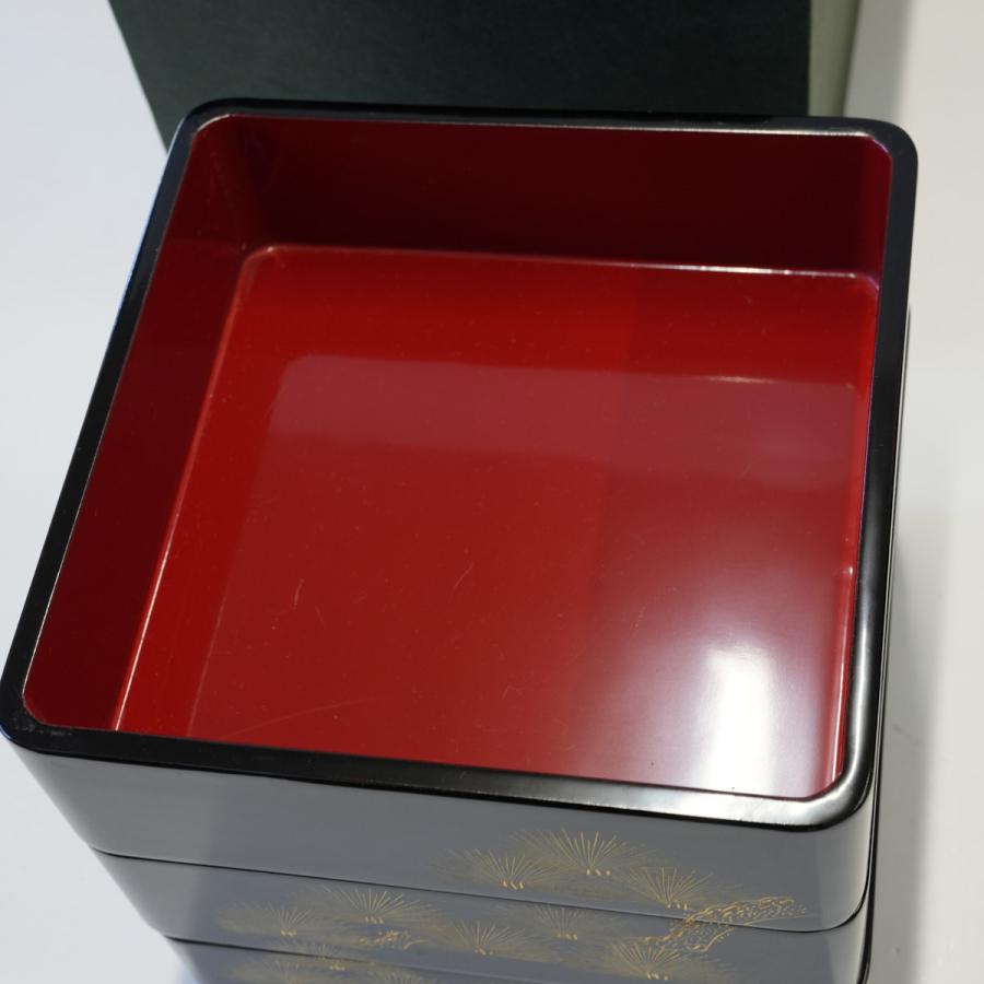 高級木製漆器 重箱 三段 沈金 若松 6.5寸 USED美品 漆塗り 和食器