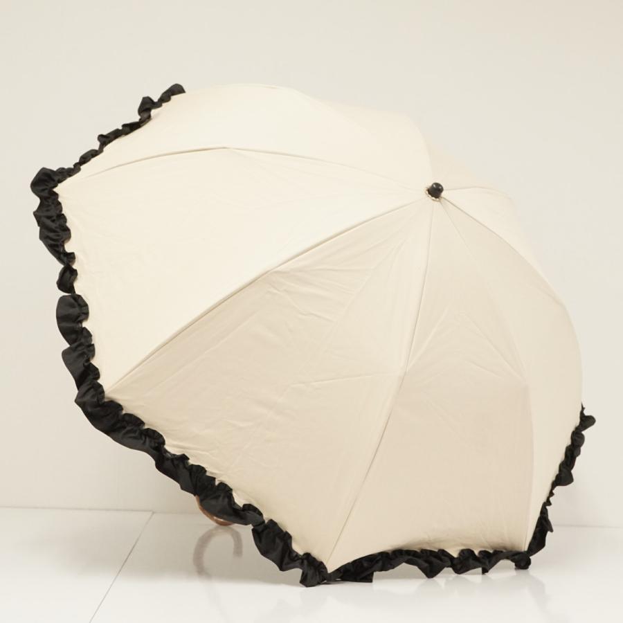 ロサブラン 完全遮光日傘 USED品 ショート フリル ベージュ×ブラック 完全遮光折日傘 芦屋ロサブラン USED美品 2段折 シングルフリル