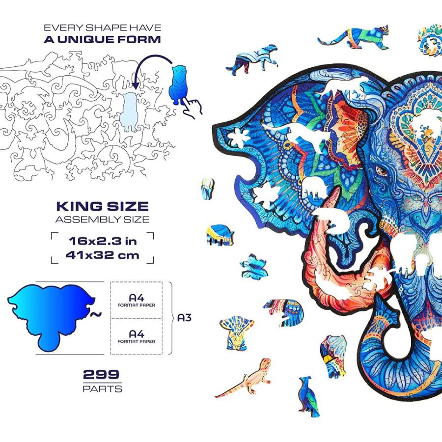 UNIDRAGON パズル 木製パズル 木製 ジグソーパズル プレゼント 永遠 象 ぞう ゾウ エレファント 木製フィギュアパズル 41 x 32 cm 299 ピース キング サイズ｜witch-gift｜02