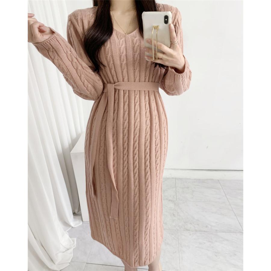 トレンド 最新 秋 冬 ワンピース レディース 韓国風 かわいい キレイ おしゃれ Vネック バンディング 韓国風 スプリット スリム アイボリー ピンク S M With You 通販 Yahoo ショッピング