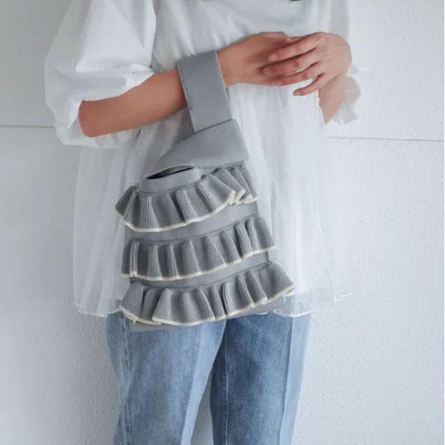 ニットバッグ フリル リボン ガーリー ロマンチック かわいい ベージュ