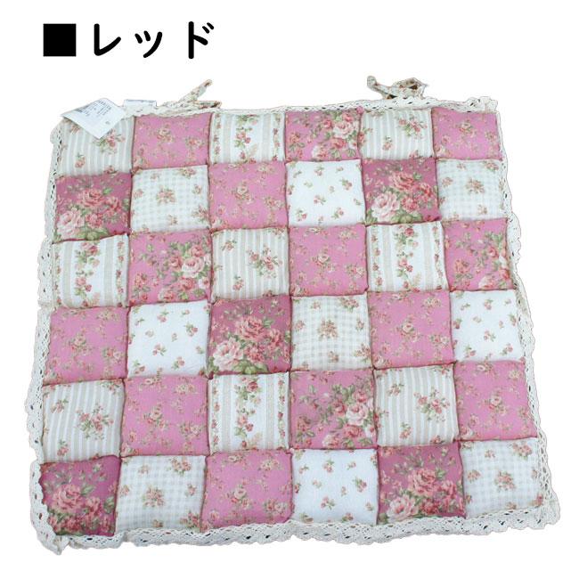 シートクッション キルトパフ パッチワーク風 紐付き チェアパッド