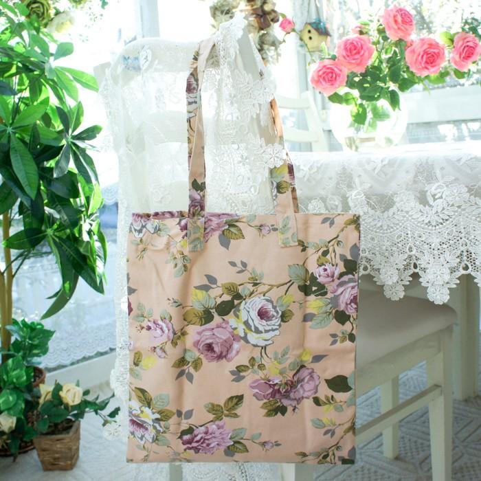 トートバッグ 内ポケット付き ローズ 薔薇 花柄 ピンク ブルー
