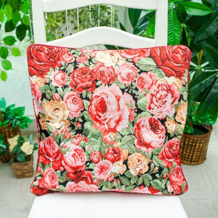 クッションカバー 45×45 高級感 おしゃれ ゴブラン ローズ 薔薇 花柄
