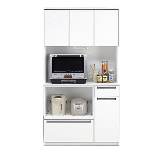 食器棚 幅90cm 完成品 ダイニングボード ホワイト 鏡面 キッチンボード