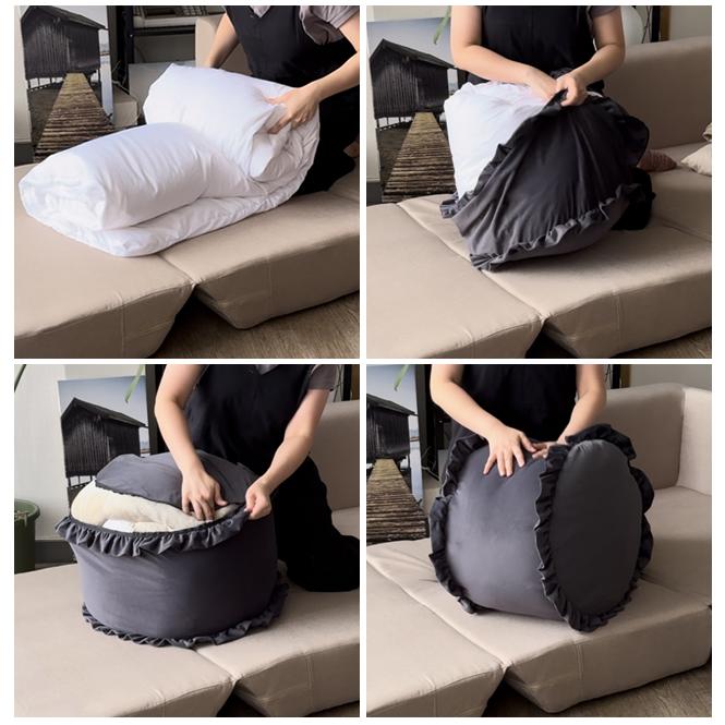 フリル付き収納袋 収納袋 布団収納 円形 丸型 ブランケット収納 毛布収納 タオルケット収納 洗える 収納カバー クッションになる 取っ手付き  b513rf | With：）SOFA | 04