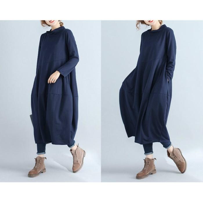 pgg☆ポリエステルヤーンハイネックワンピース☆サイズ0☆ネイビー ワンピース 透けないハイネックコクーンロングワンピース