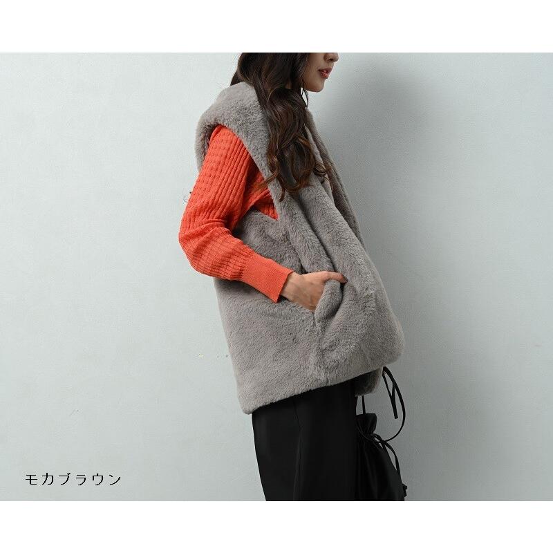 ファーベスト ラビット風エコファーノーカラーベスト レディース ジレ