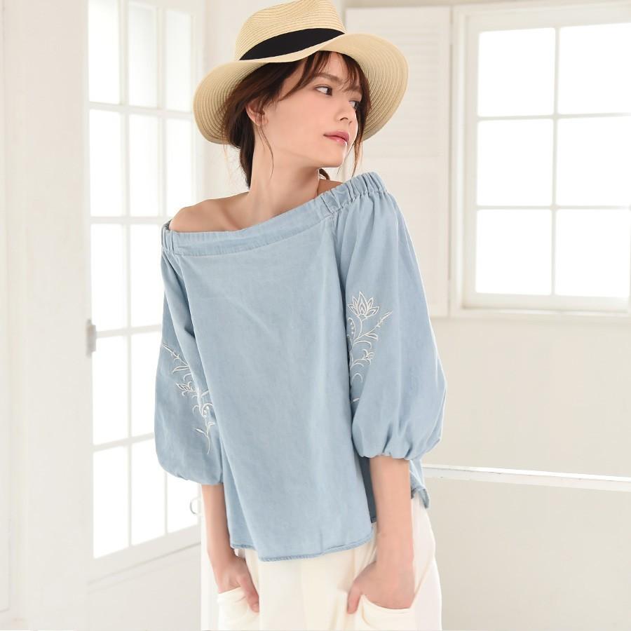 ブラウス バルーンスリーブデニムオフショルトップス