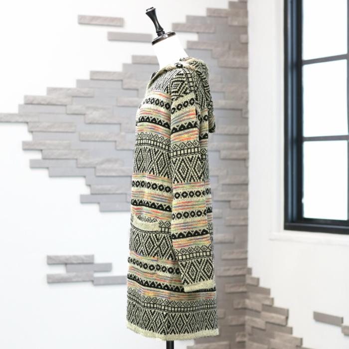 カーディガン ネイティブ柄フード付きロングカーディガン レディース