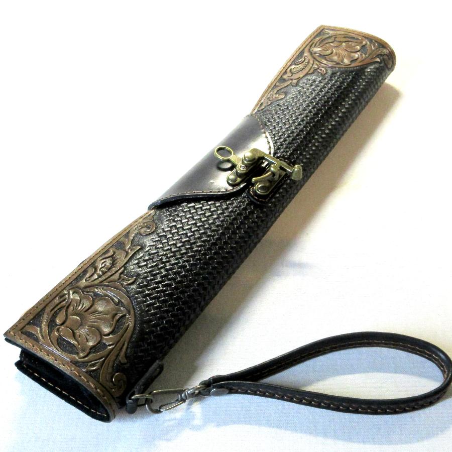 本革製スティック・ケース（カービング／黒革） : WIZARD LEATHER