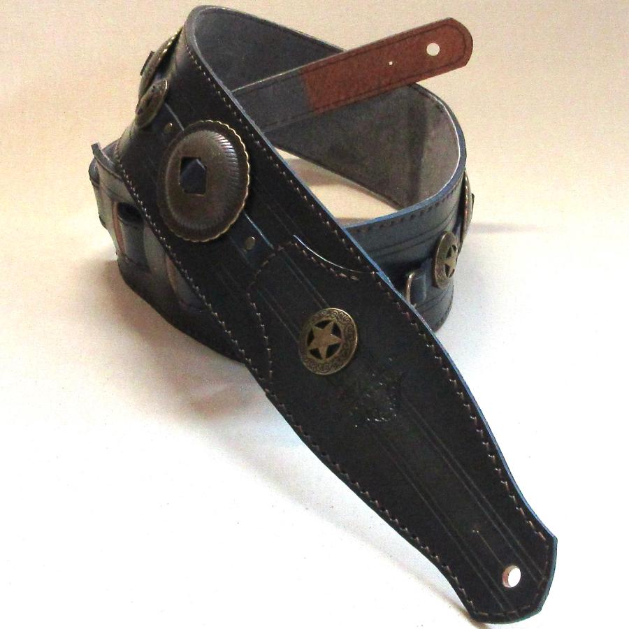 本革製ギター・ストラップ（ネイビー／コンチョ） : WIZARD