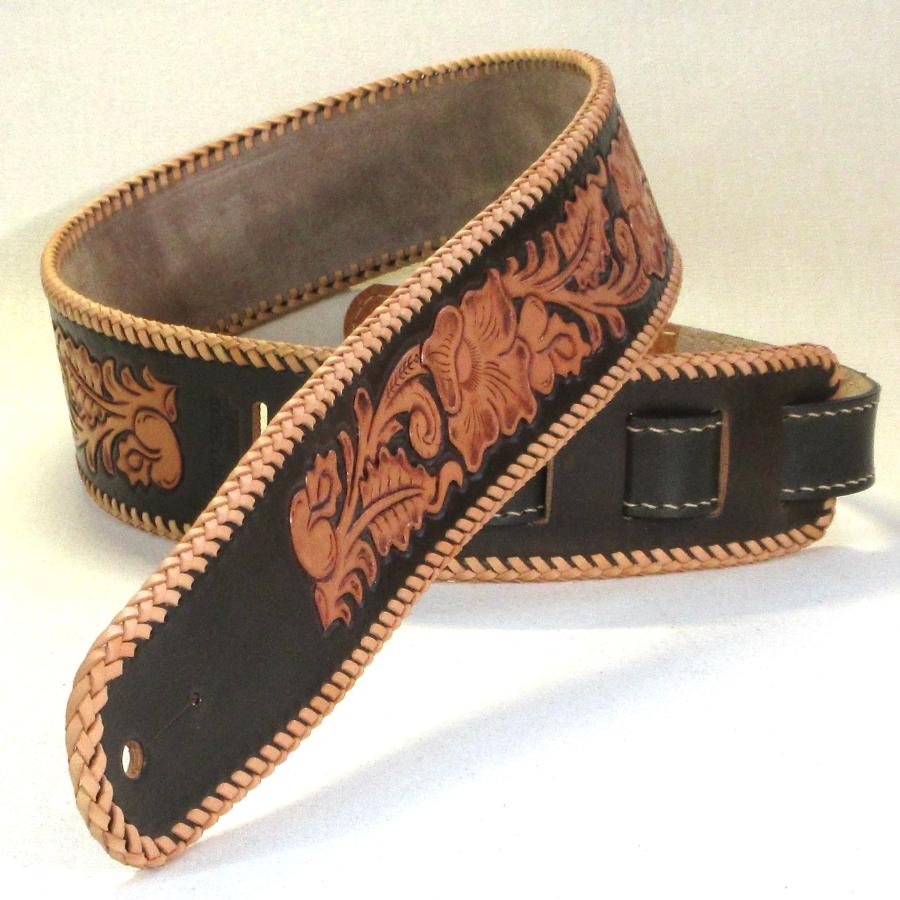 本革製ギター・ストラップ（カービング／レース編み） : WIZARD