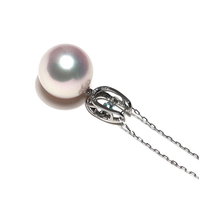 パールペンダント あこや真珠10mmプラチナ パライバトルマリンがダンシングストーンセットで揺れる サービス細めスライドチェーン45cm付 パライバのミニ鑑別付 |  | 02