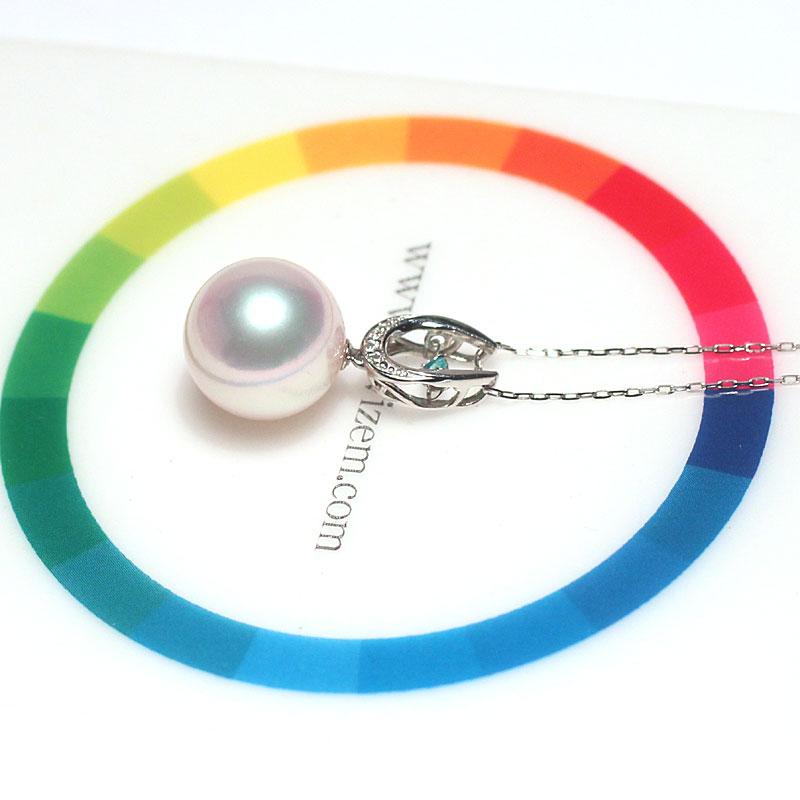 パールペンダント あこや真珠10mmプラチナ パライバトルマリンがダンシングストーンセットで揺れる サービス細めスライドチェーン45cm付 パライバのミニ鑑別付 |  | 03