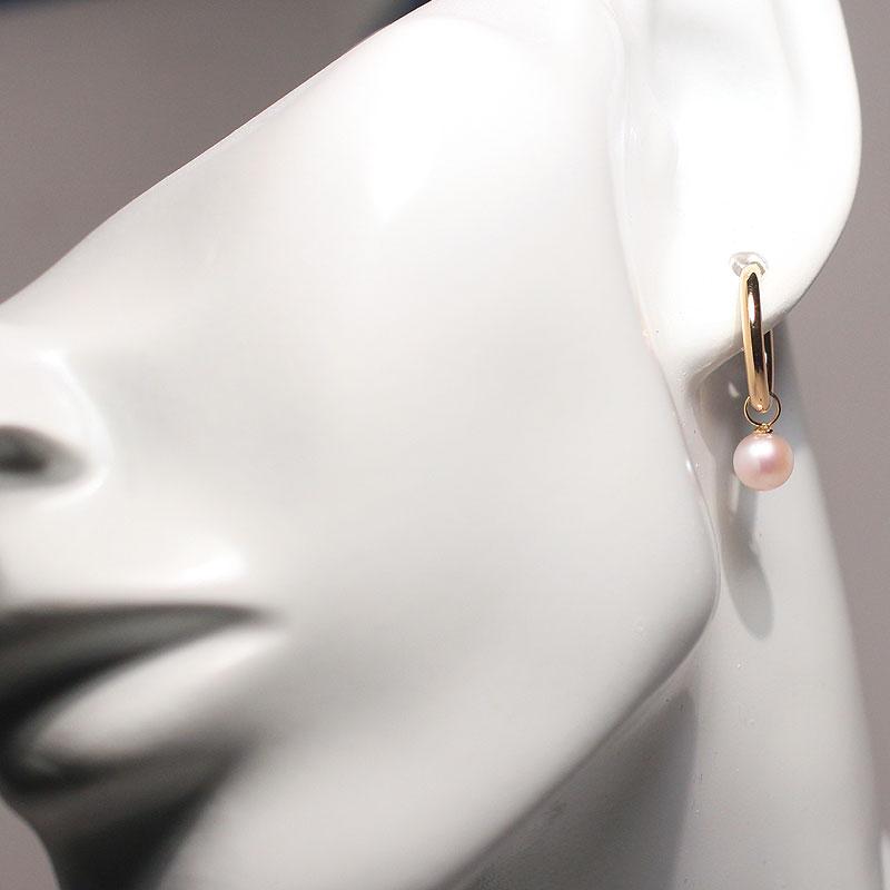 ピアス K18フープピアス外径15mm幅2mm きれいなあこや真珠6mmK18金チャーム付 内径約2.9ｍｍ チャーム取り外し可  アレンジ楽しいの画像