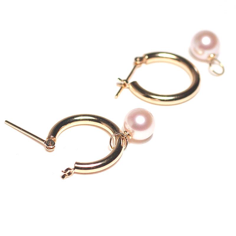 ピアス K18フープピアス外径15mm幅2mm きれいなあこや真珠6mmK18金チャーム付 内径約2.9ｍｍ チャーム取り外し可  アレンジ楽しいの画像