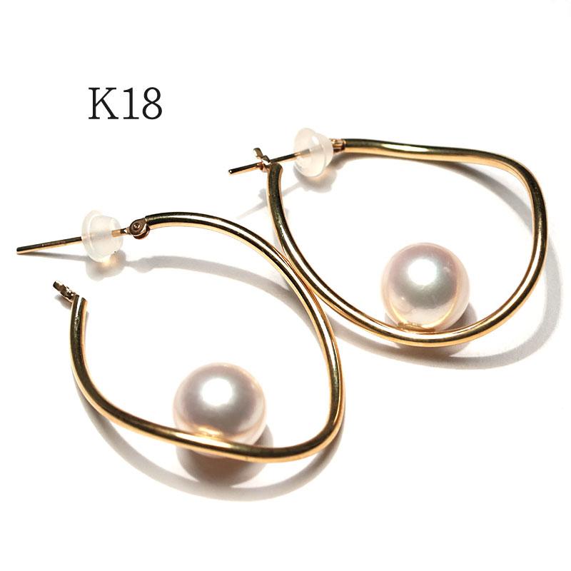 ピアス K18金イエローゴールド あこや真珠8.8mm フープ スナップピアス 真珠もフープも大きく立体的 耳元に存在感を 約3cmの画像